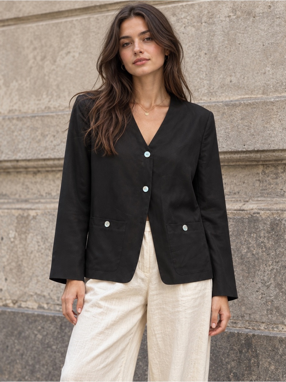 Vintage 90s 100% Silk Black Jacket Shoulder Pads Minimalist Lagenlook